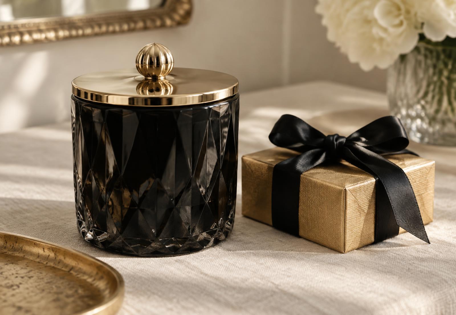 A faceted black candle vessel with a gold lid beside a gold gift box tied with black ribbon